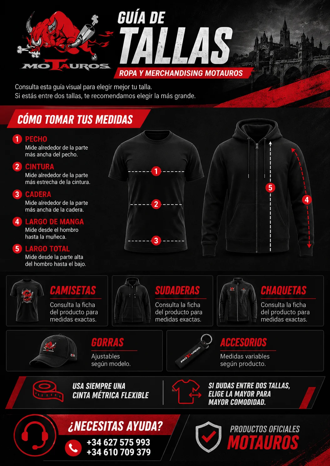 Guía visual de tallas Motauros para camisetas, sudaderas, chaquetas, gorras y accesorios