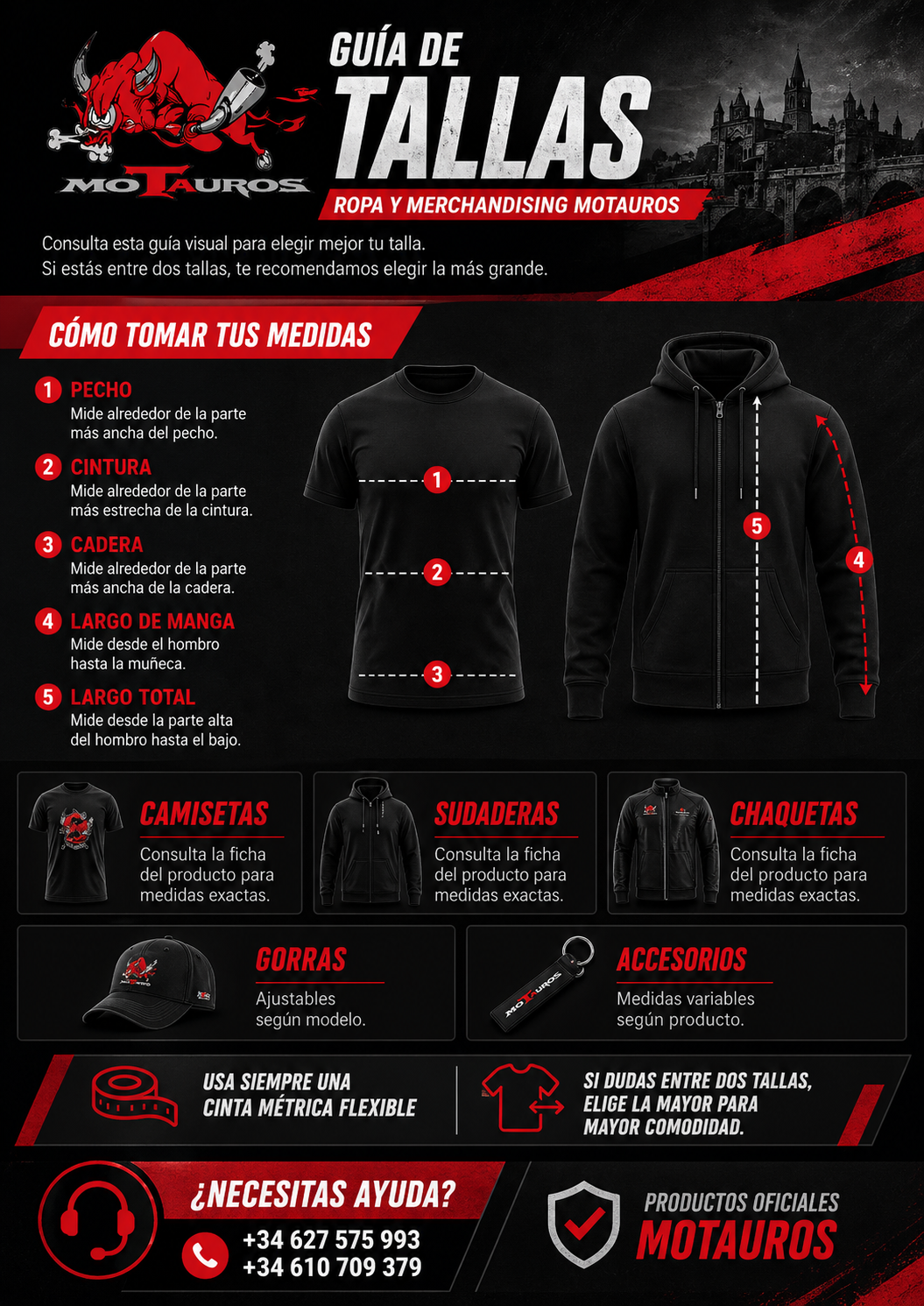 Guía visual de tallas Motauros para camisetas, sudaderas, chaquetas, gorras y accesorios