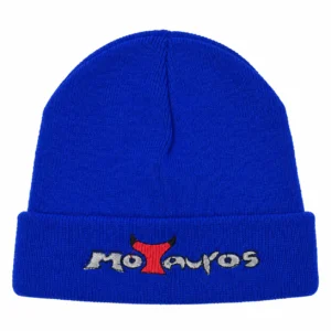 Gorro de punto Motauros azul con letras bordadas