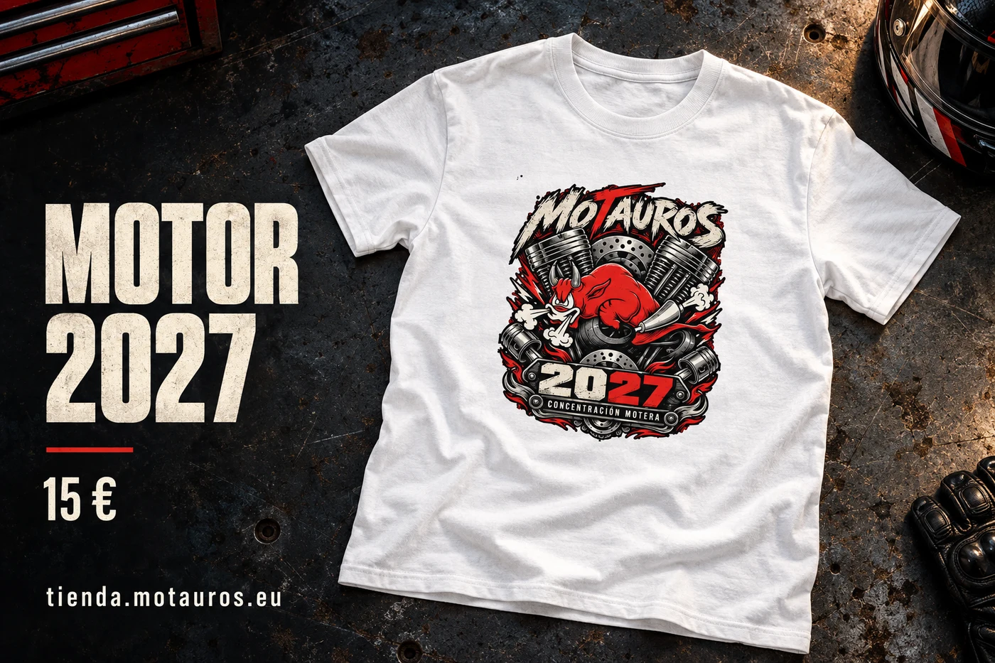 Camiseta Motauros Motor 2027 blanca con el toro rojo y un motor, sobre una mesa de taller